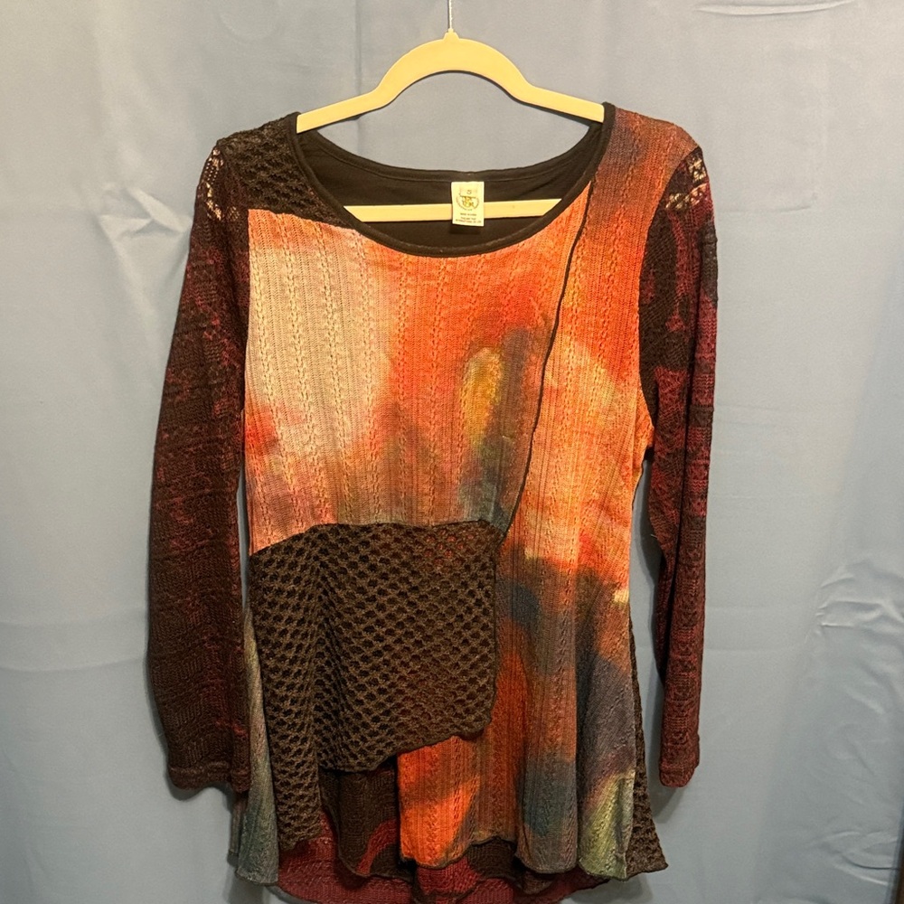 This & That Colorful Patchwork Blouse. Crocheted knit perfect for fall. Size SM